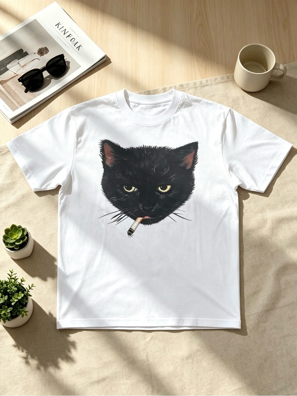 Men's White Short-Sleeve Tee with Black Cat Graphic - Picture 1 of 2